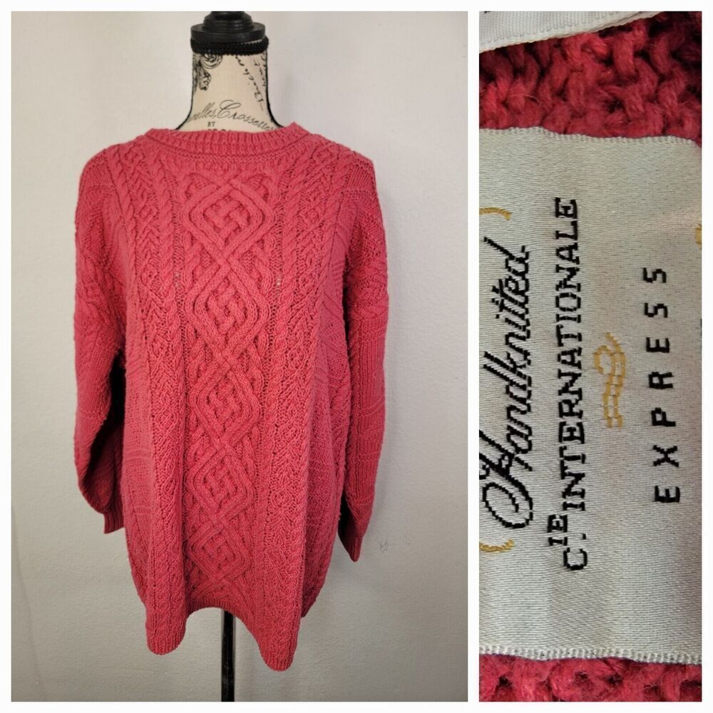 Vintage Express Sweater Womens SZ M Handknitted Fisherman Chunky Grandpa Pink